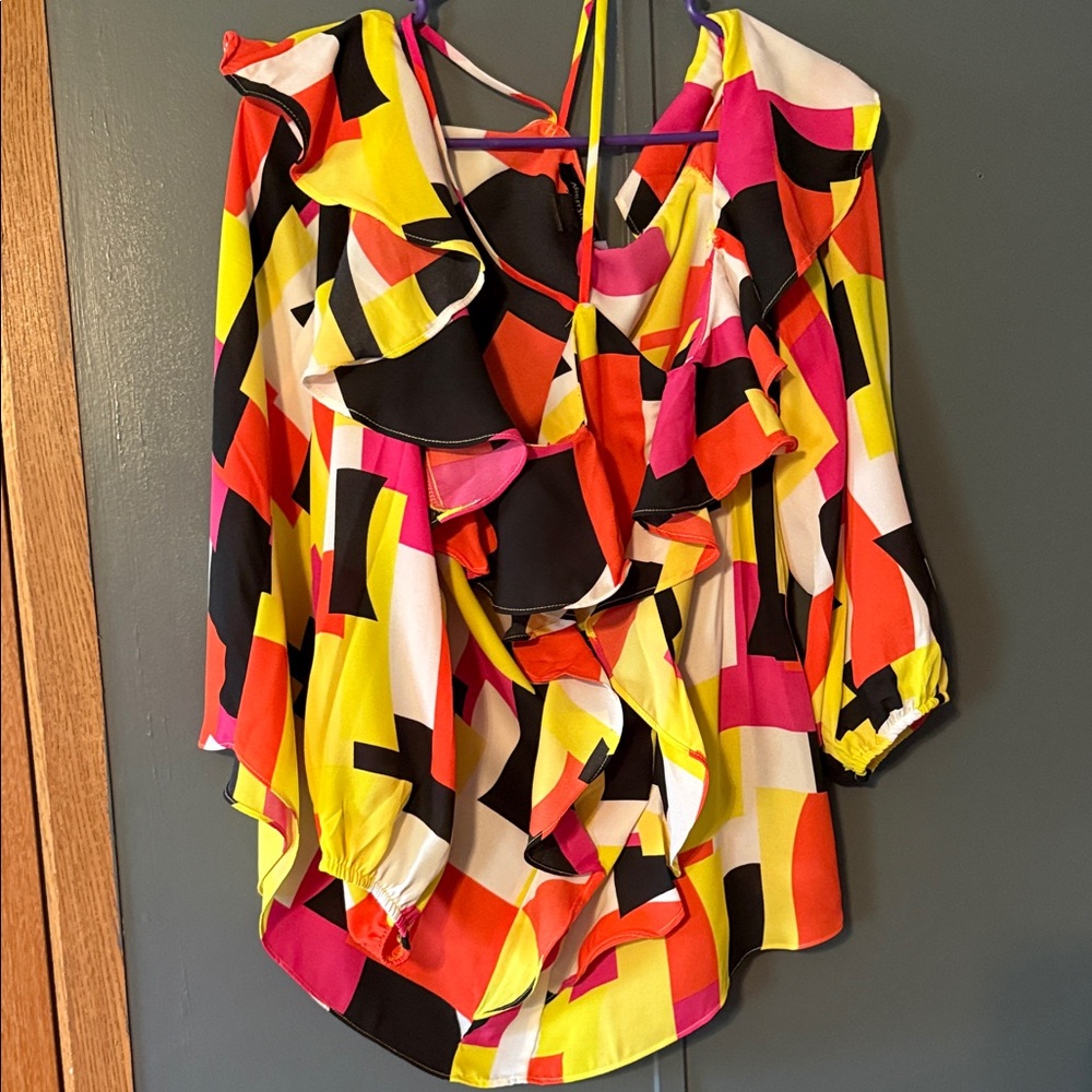 Ashley Stewart Multicolor Abstract Ruffle Blouse
